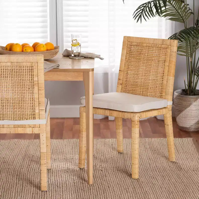 Sofia Wood and Rattan Dining Chair Set Natural/White - bali & pari: Handcrafted, Foam Cushion, No Assembly Required