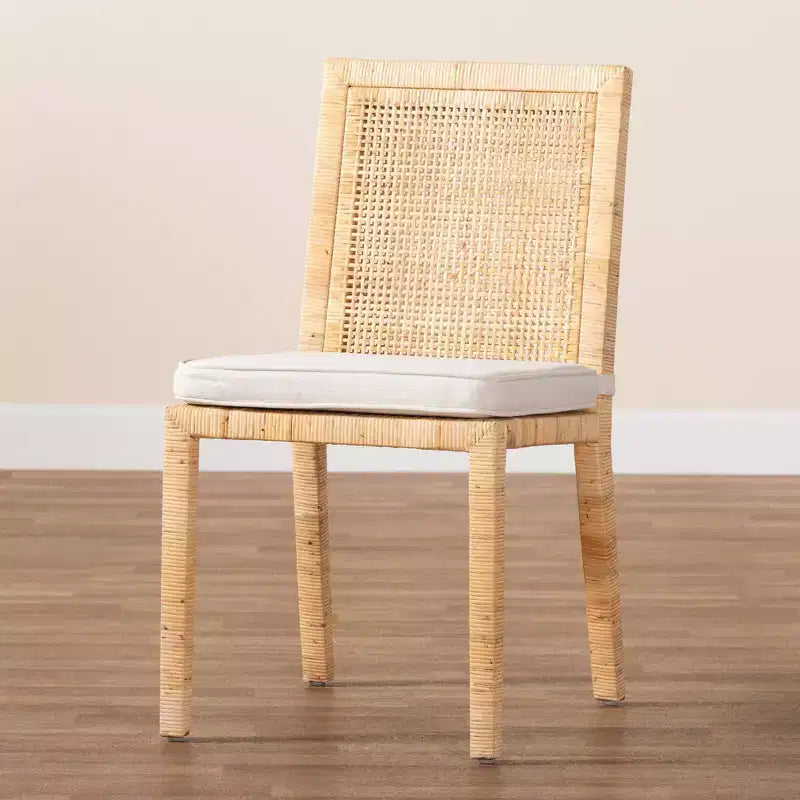 Sedia da pranzo in rattan naturale/bianco e legno, seduta imbottita, 1 posto