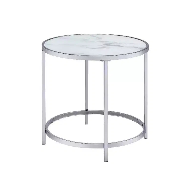 Rayne Round End Table Faux Marble White - Steve Silver Co.: Chrome Frame, Glass Level, No Tools Assembly