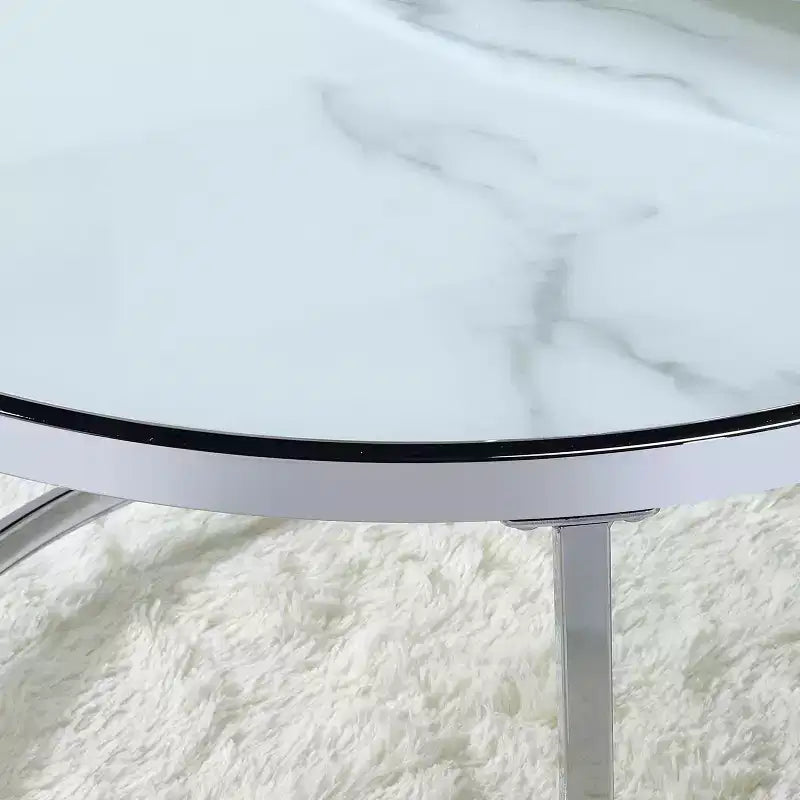 Tavolino Rotondo Bianco e Argento, Piano Effetto Marmo, Singolo