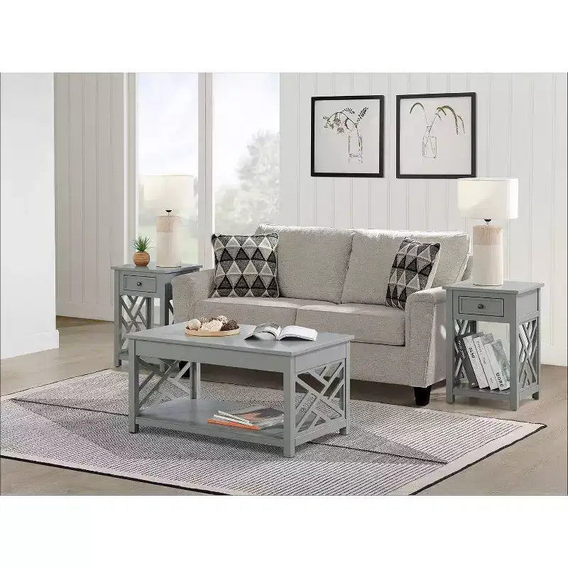 Tavolino da Caffè Rettangolare Bianco/Grigio e Set 2 Tavolini Laterali, 3 Pezzi