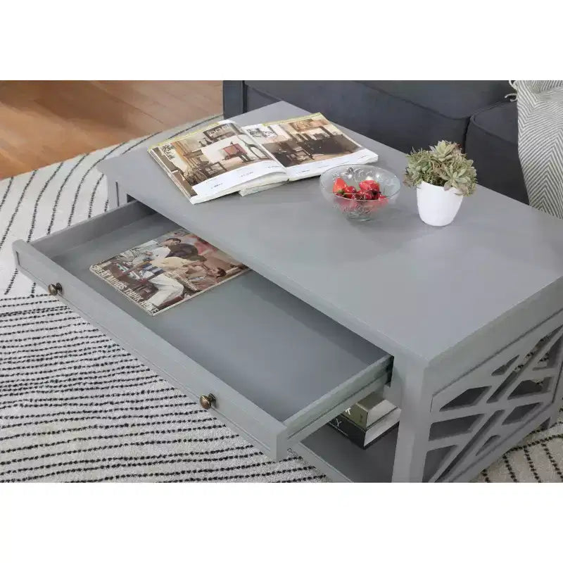 Tavolino da Caffè Rettangolare Bianco/Grigio e Set 2 Tavolini Laterali, 3 Pezzi
