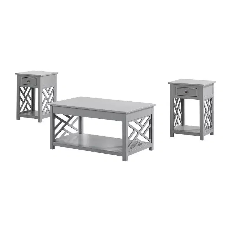 Tavolino da Caffè Rettangolare Bianco/Grigio e Set 2 Tavolini Laterali, 3 Pezzi