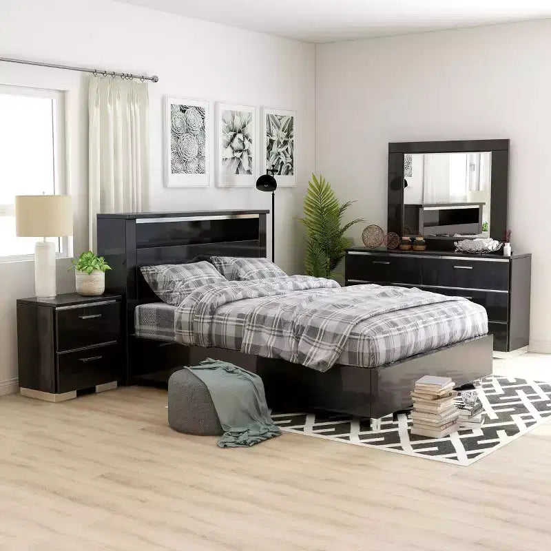 Set Composto da 5 Pezzi Camera da Letto Matrimoniale King Nera/Cromata (con 2 Comodini)