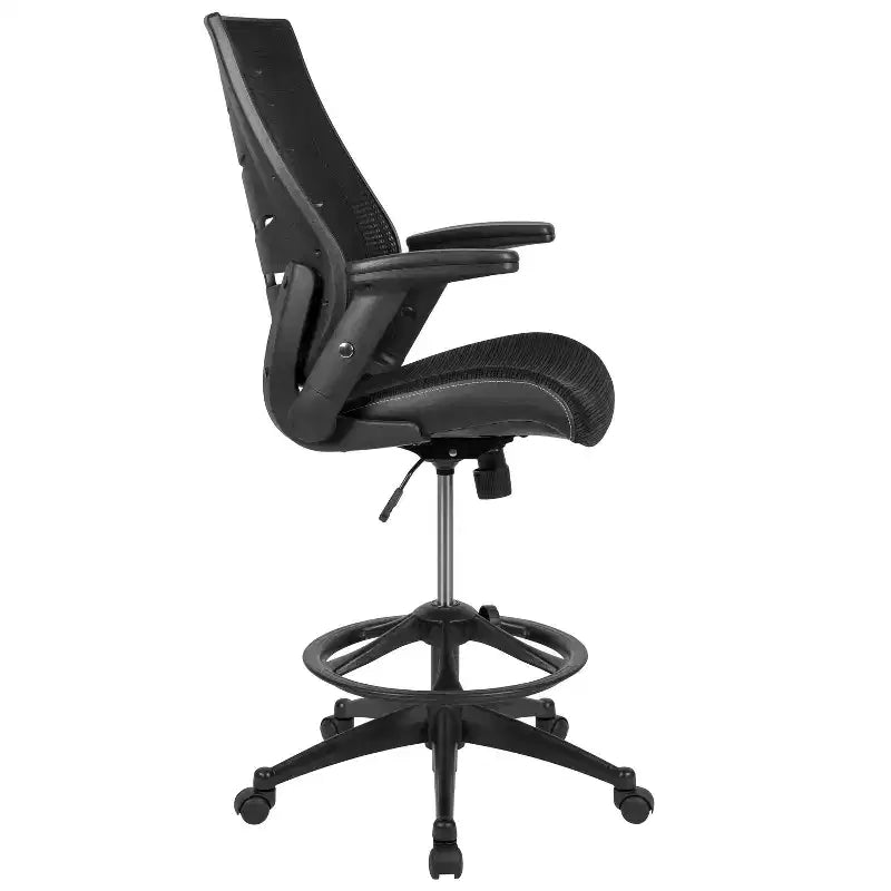 Sedia da disegno alta in rete nera/grigio scuro con braccioli pieghevoli, 1 posto