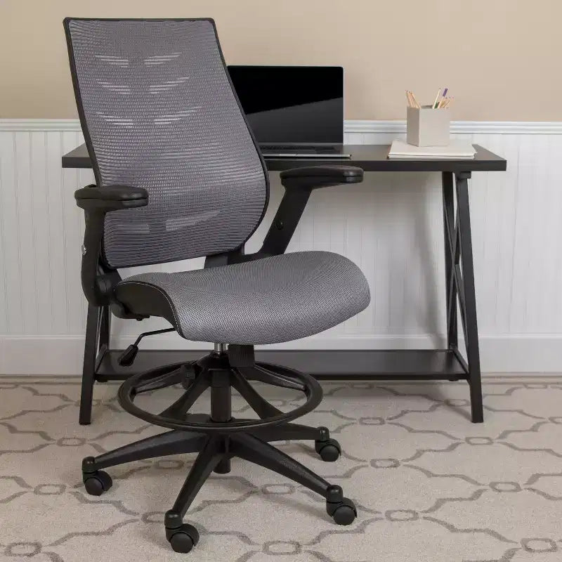 Sedia da disegno alta in rete nera/grigio scuro con braccioli pieghevoli, 1 posto