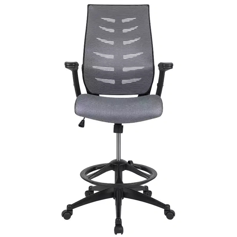 Sedia da disegno alta in rete nera/grigio scuro con braccioli pieghevoli, 1 posto