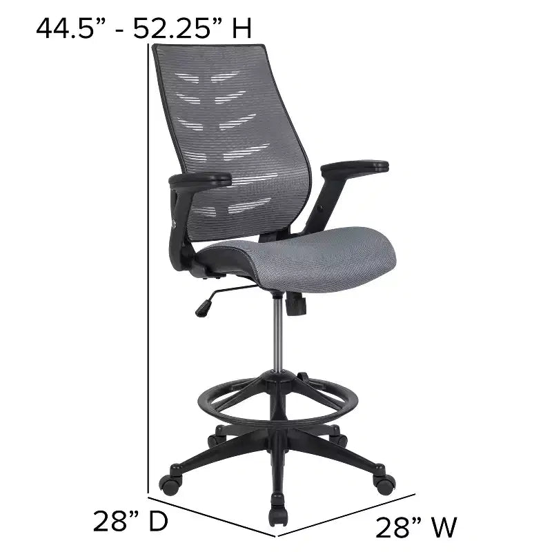 Sedia da disegno alta in rete nera/grigio scuro con braccioli pieghevoli, 1 posto