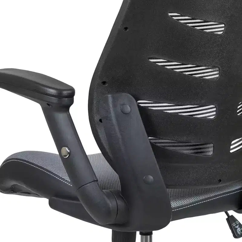 Sedia da disegno alta in rete nera/grigio scuro con braccioli pieghevoli, 1 posto