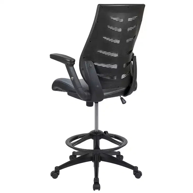 Sedia da disegno alta in rete nera/grigio scuro con braccioli pieghevoli, 1 posto