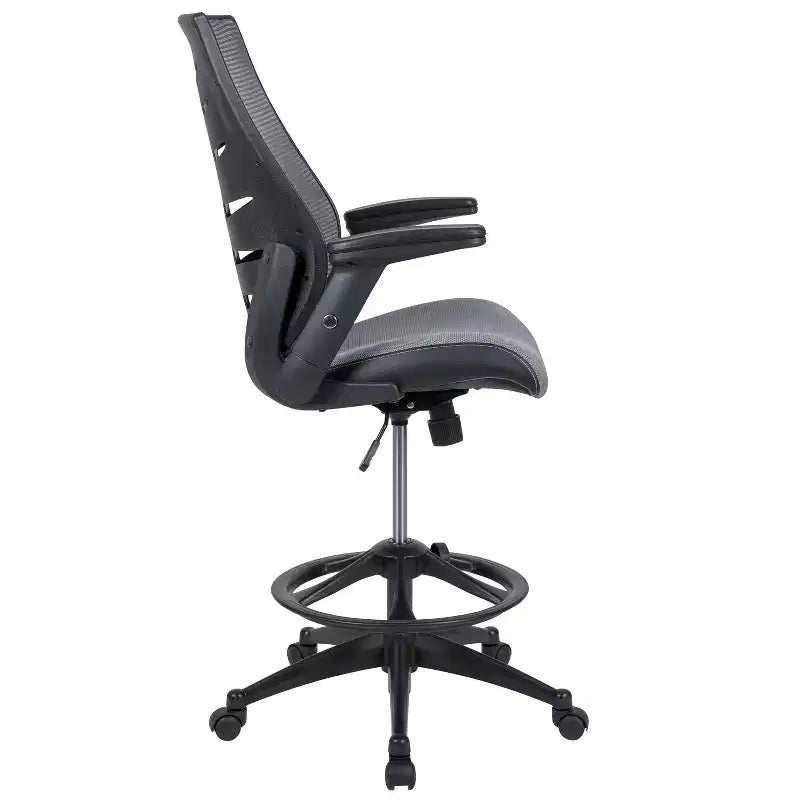 Sedia da disegno alta in rete nera/grigio scuro con braccioli pieghevoli, 1 posto