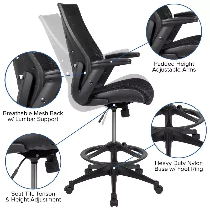 Sedia da disegno alta in rete nera/grigio scuro con braccioli pieghevoli, 1 posto
