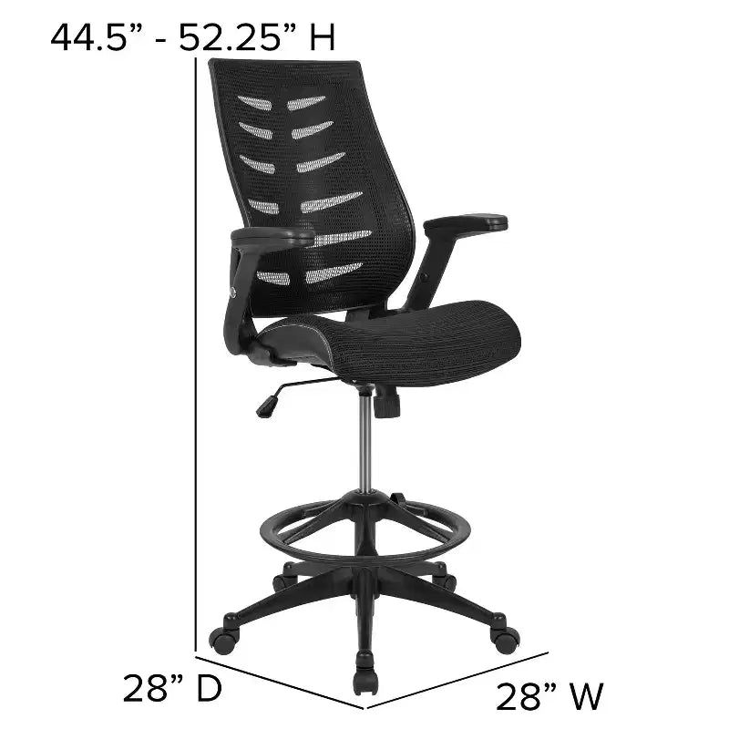 Sedia da disegno alta in rete nera/grigio scuro con braccioli pieghevoli, 1 posto