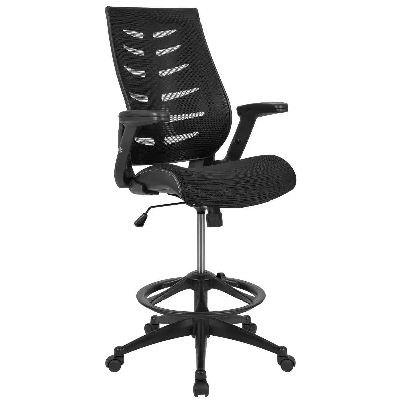 Sedia da disegno alta in rete nera/grigio scuro con braccioli pieghevoli, 1 posto