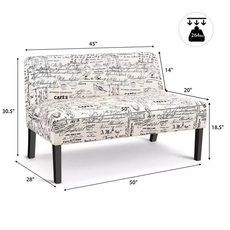 Divanetto biposto in tessuto grigio con gambe in legno